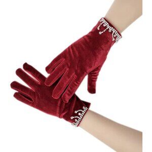 Women's Red Rhinestones Velvet Beads Short Evening Gloves Party Wedding Prom